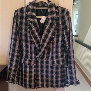 Womens Black Pink and Gold  Plaid Tweed Frayed Hem Double Breasted Jacket